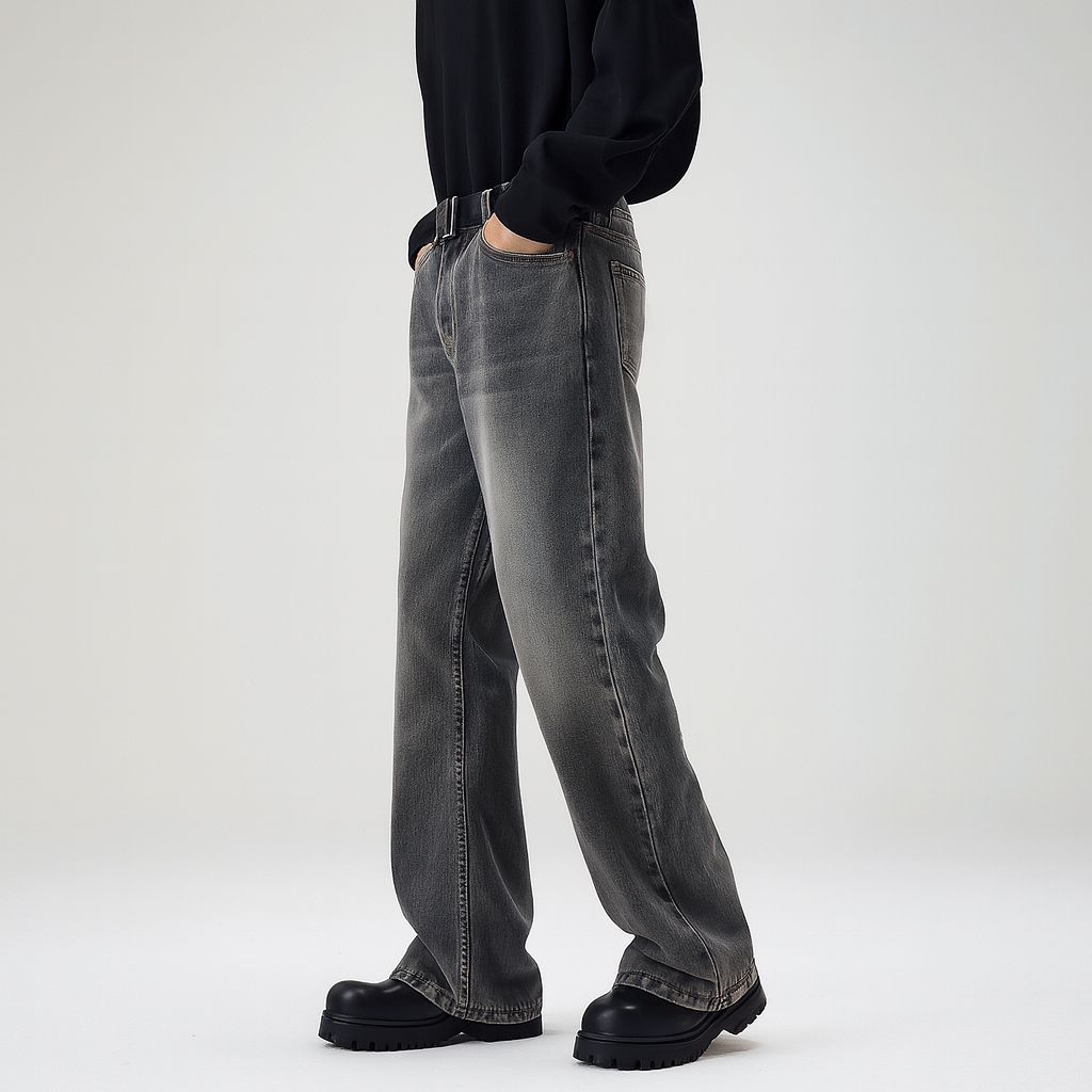 Ash Grey Distressed Straight-Leg Denim