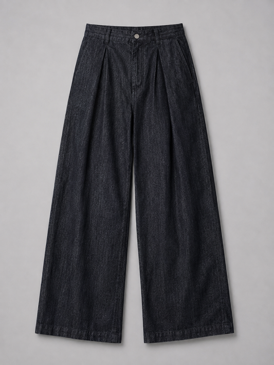 Wide-Leg Pleated Denim - Dark Grey