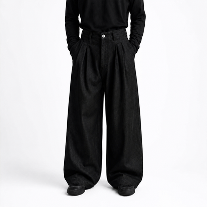 Wide-Leg Pleated Denim - Dark Grey