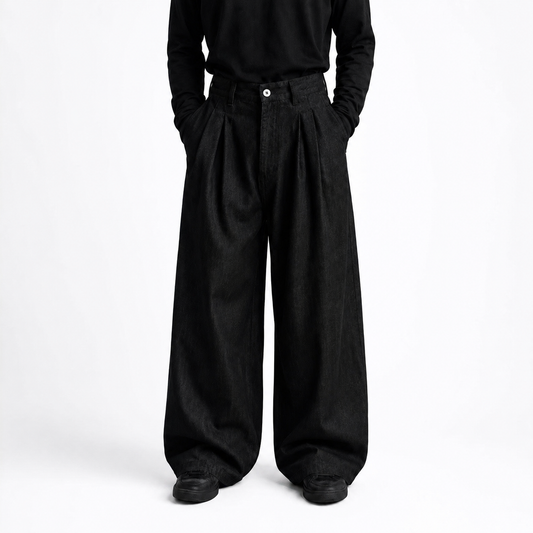 Wide-Leg Pleated Denim - Dark Grey