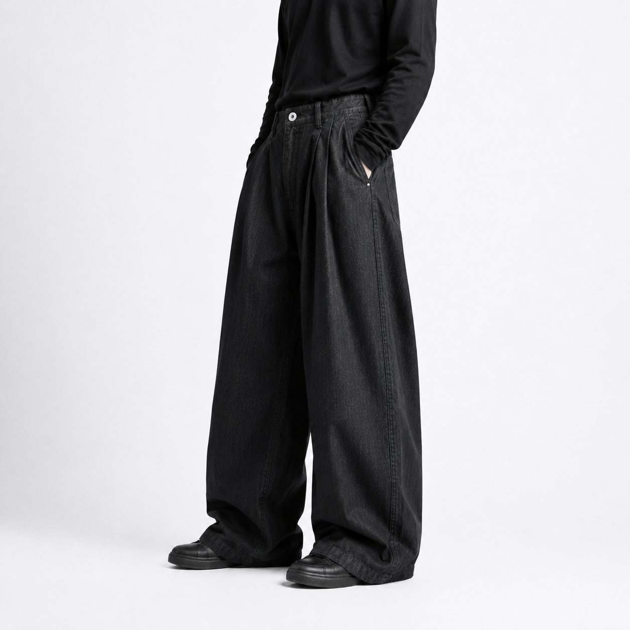 Wide-Leg Pleated Denim - Dark Grey