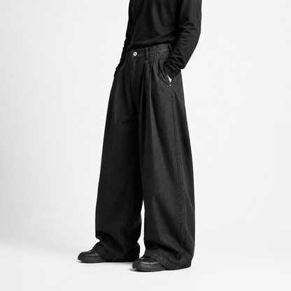 Wide-Leg Pleated Denim - Dark Grey