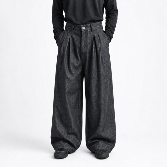 Wide-Leg Pleated Denim - Dark Grey