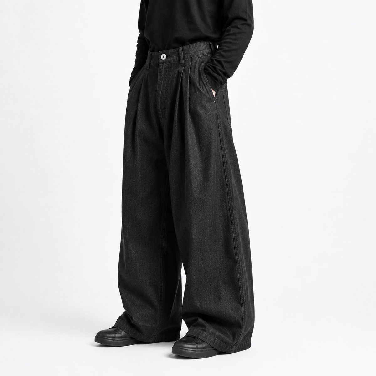Wide-Leg Pleated Denim - Dark Grey