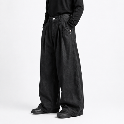 Wide-Leg Pleated Denim - Dark Grey