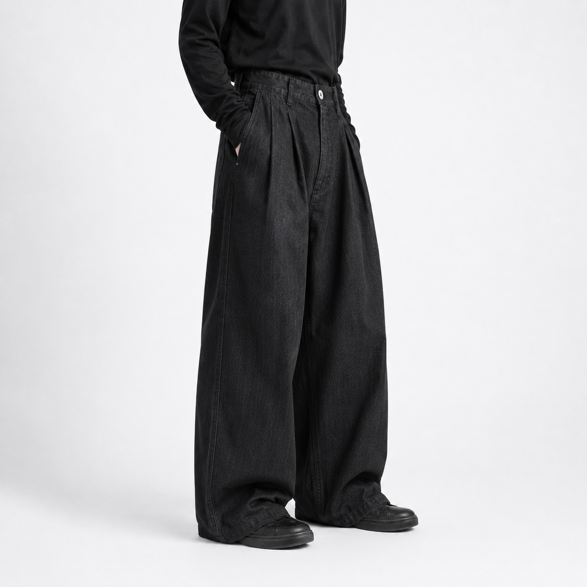 Wide-Leg Pleated Denim - Dark Grey