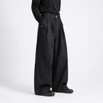 Wide-Leg Pleated Denim - Dark Grey