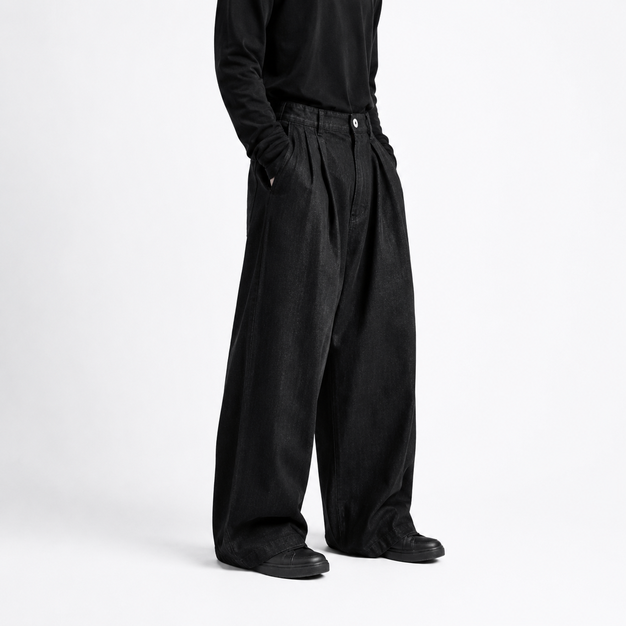 Wide-Leg Pleated Denim - Dark Grey