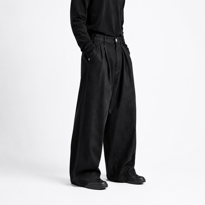 Wide-Leg Pleated Denim - Dark Grey