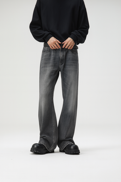 Ash Grey Distressed Straight-Leg Denim