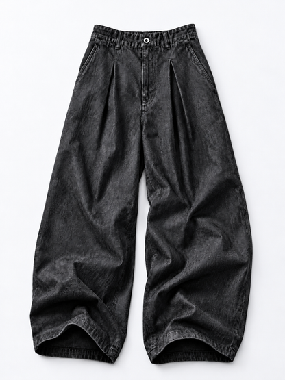Wide-Leg Pleated Denim - Dark Grey