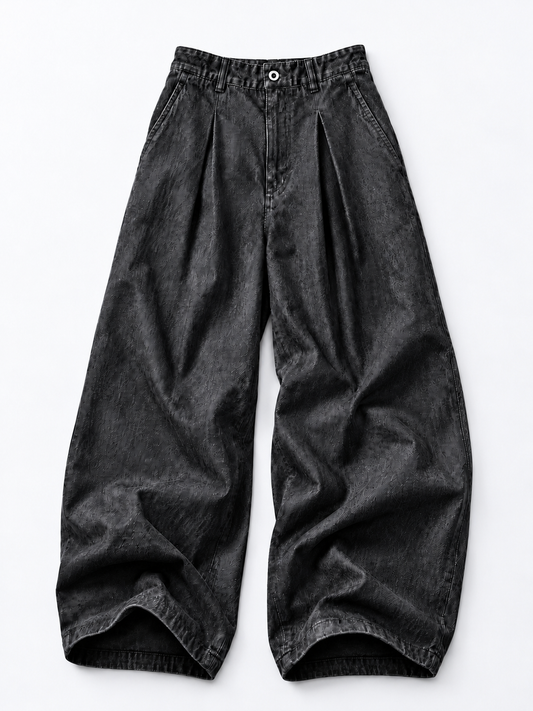 Wide-Leg Pleated Denim - Dark Grey