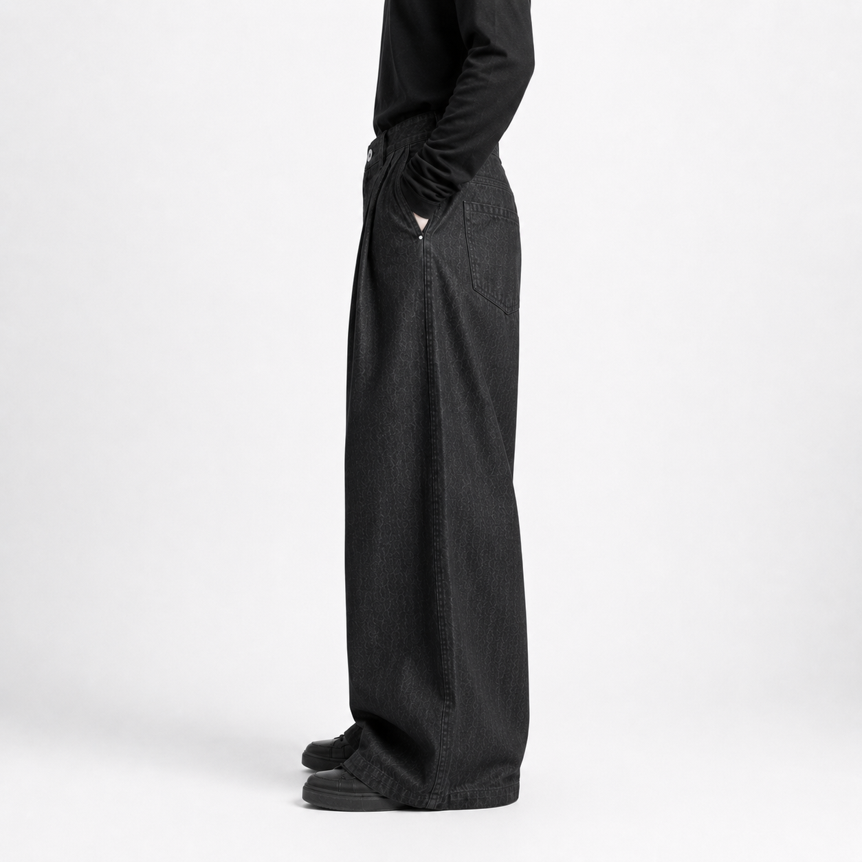 Wide-Leg Pleated Denim - Dark Grey