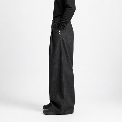 Wide-Leg Pleated Denim - Dark Grey