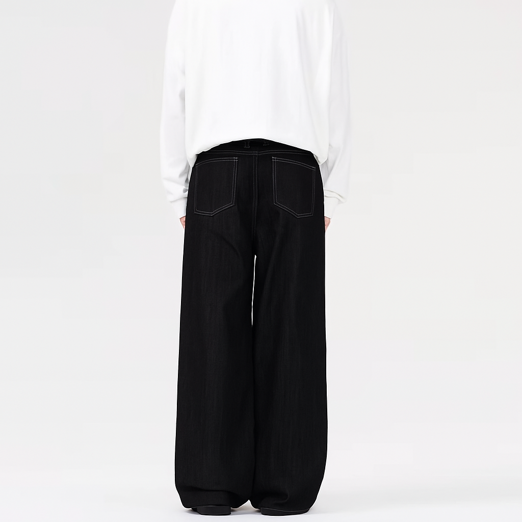 Wide Leg Denim Trousers in Dark Grey