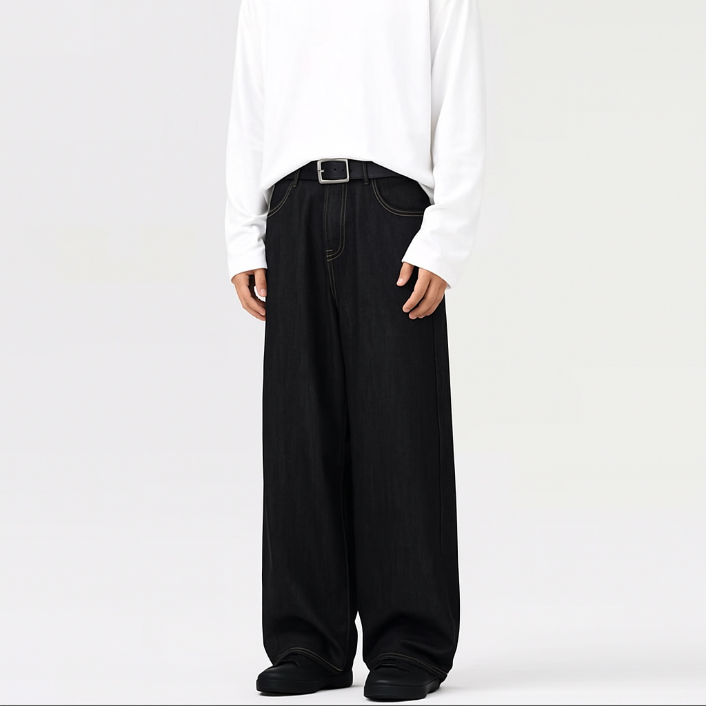Wide Leg Denim Trousers in Dark Grey