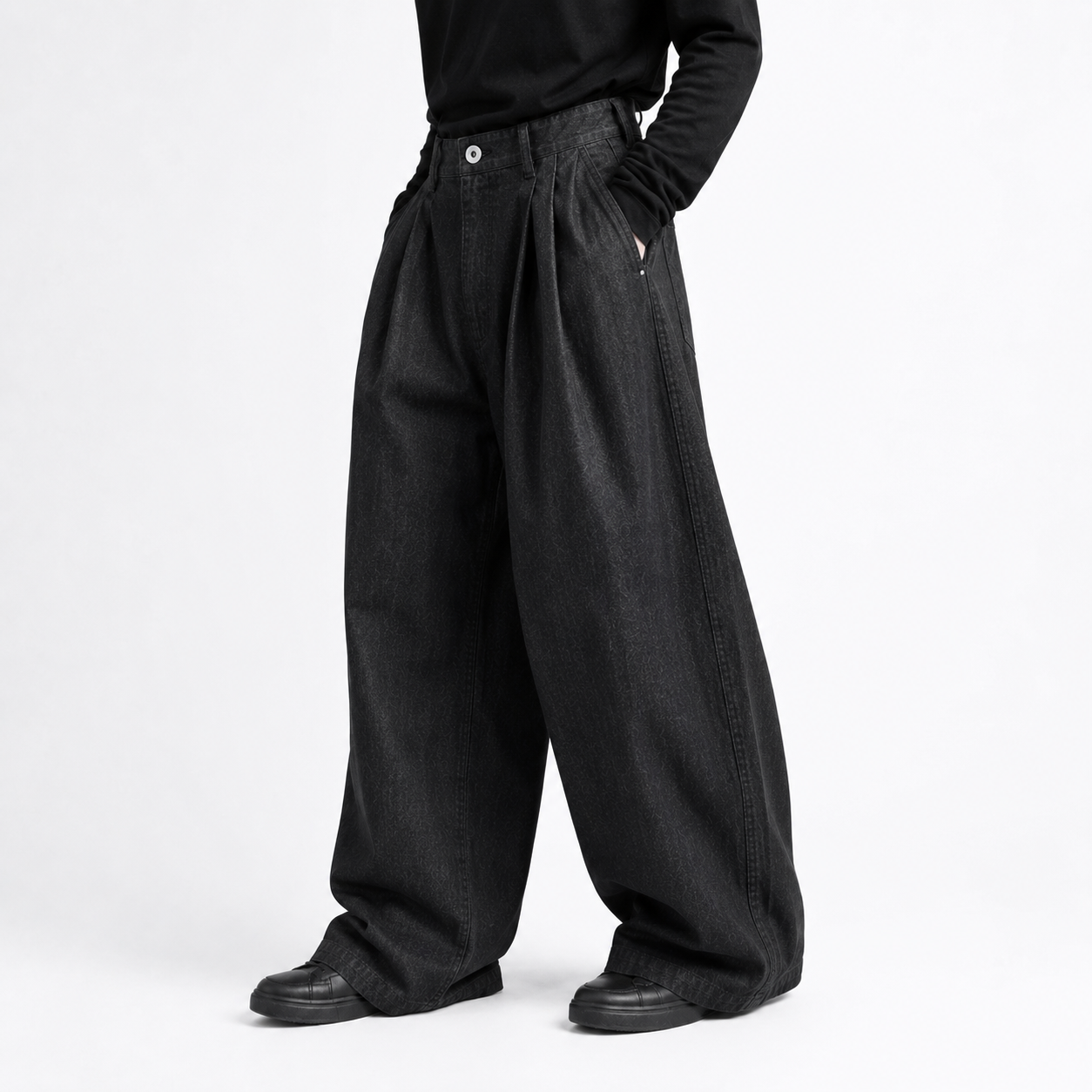 Wide-Leg Pleated Denim - Dark Grey