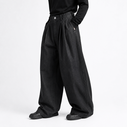 Wide-Leg Pleated Denim - Dark Grey