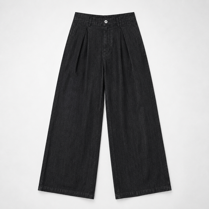Wide-Leg Pleated Denim - Dark Grey