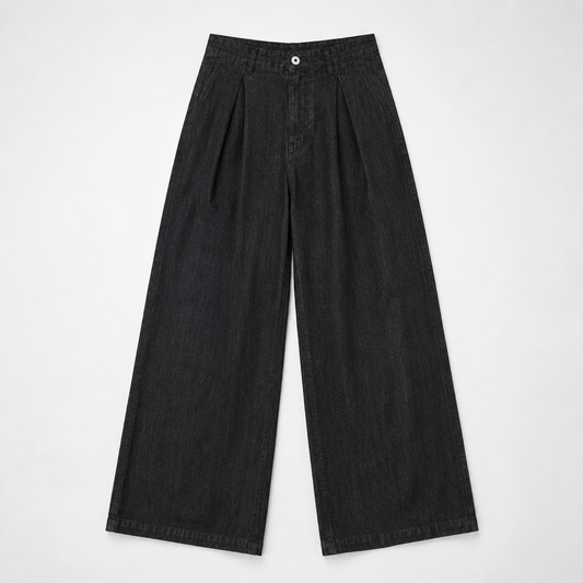 Wide-Leg Pleated Denim - Dark Grey