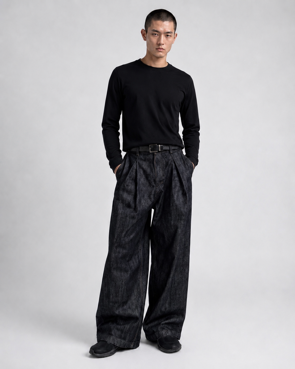 Wide-Leg Pleated Denim - Dark Grey