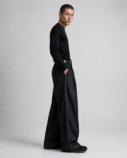 Wide-Leg Pleated Denim - Dark Grey