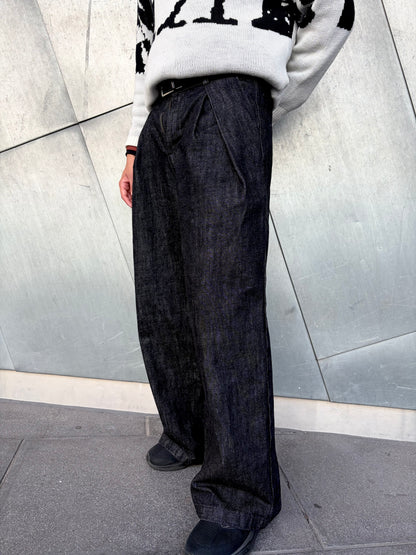 Wide-Leg Pleated Denim - Dark Grey